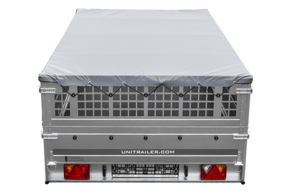 Leichter Anhänger auf Blattfedern 264×150 UNITRAILER GARDEN 265/R KIPP mit Gitterwänden, H-0 Rahmen und grauer Plane