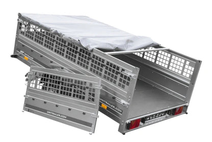 Leichter Anhänger auf Blattfedern 264×150 UNITRAILER GARDEN 265/R KIPP mit Gitterwänden, H-0 Rahmen und grauer Plane