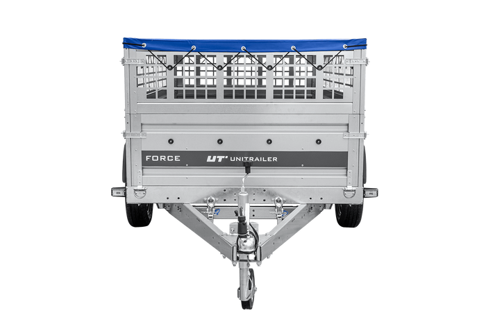 Leichter Anhänger auf Federn 230×125 UNITRAILER FORCE 230/R KIPP mit Gitterwänden, H-0-Rahmen und blauer Plane