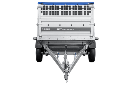 Leichter Anhänger auf Federn 230×125 UNITRAILER FORCE 230/R KIPP mit Gitterwänden, H-0-Rahmen und blauer Plane