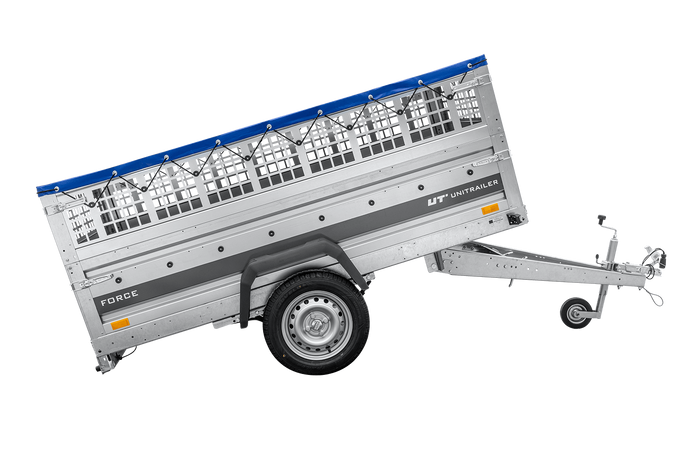 Leichter Anhänger auf Federn 230×125 UNITRAILER FORCE 230/R KIPP mit Gitterwänden, H-0-Rahmen und blauer Plane