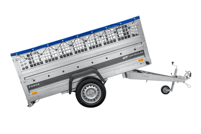 Leichter Anhänger auf Federn 230×125 UNITRAILER FORCE 230/R KIPP mit Gitterwänden, H-0-Rahmen und blauer Plane
