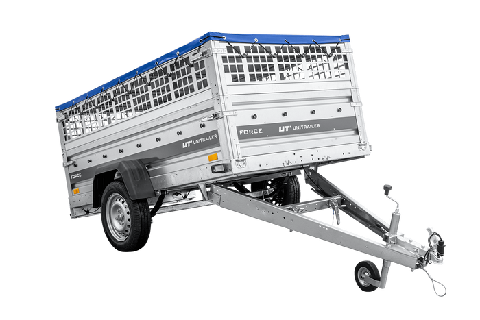 Leichter Anhänger auf Federn 230×125 UNITRAILER FORCE 230/R KIPP mit Gitterwänden, H-0-Rahmen und blauer Plane