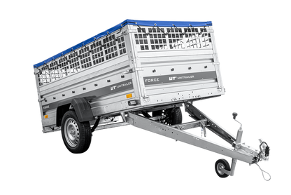 Leichter Anhänger auf Federn 230×125 UNITRAILER FORCE 230/R KIPP mit Gitterwänden, H-0-Rahmen und blauer Plane
