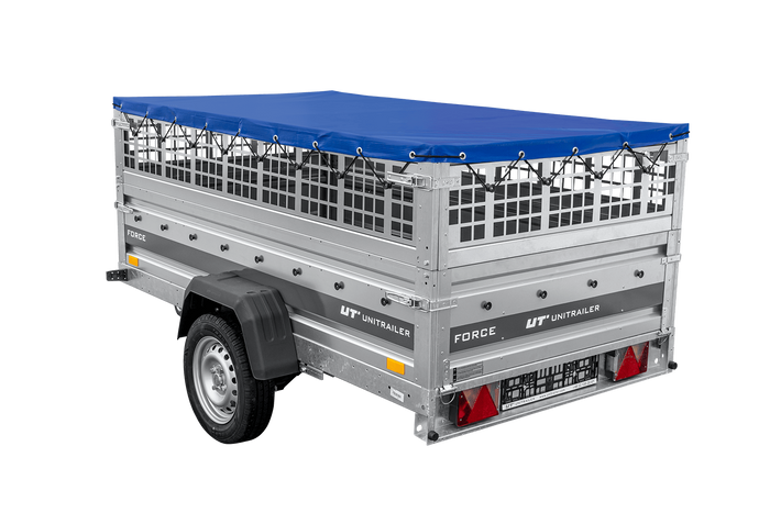 Leichter Anhänger auf Federn 230×125 UNITRAILER FORCE 230/R KIPP mit Gitterwänden, H-0-Rahmen und blauer Plane