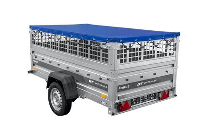 Leichter Anhänger auf Federn 230×125 UNITRAILER FORCE 230/R KIPP mit Gitterwänden, H-0-Rahmen und blauer Plane