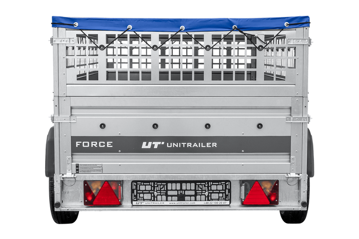Leichter Anhänger auf Federn 230×125 UNITRAILER FORCE 230/R KIPP mit Gitterwänden, H-0-Rahmen und blauer Plane