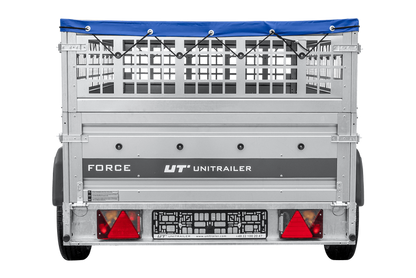 Leichter Anhänger auf Federn 230×125 UNITRAILER FORCE 230/R KIPP mit Gitterwänden, H-0-Rahmen und blauer Plane