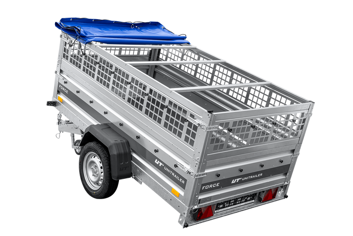 Leichter Anhänger auf Federn 230×125 UNITRAILER FORCE 230/R KIPP mit Gitterwänden, H-0-Rahmen und blauer Plane