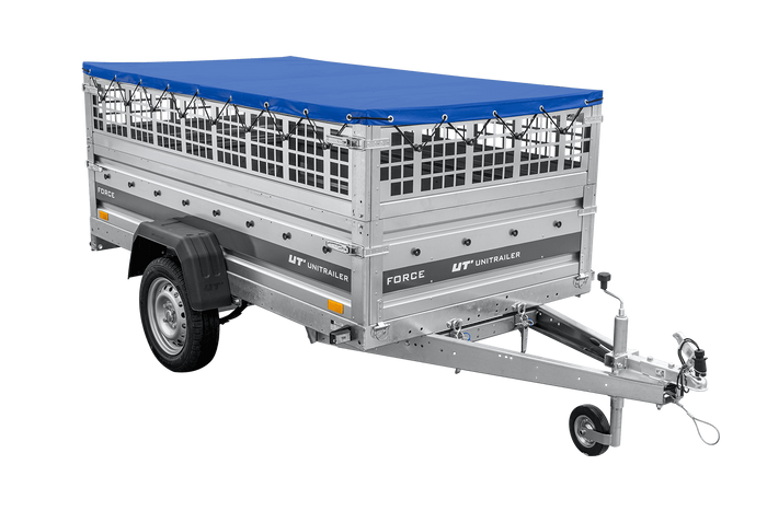 Leichter Anhänger auf Federn 230×125 UNITRAILER FORCE 230/R KIPP mit Gitterwänden, H-0-Rahmen und blauer Plane