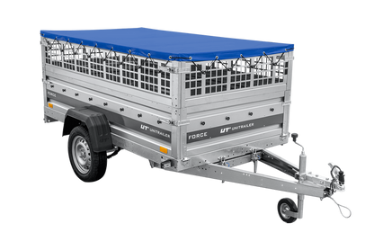 Leichter Anhänger auf Federn 230×125 UNITRAILER FORCE 230/R KIPP mit Gitterwänden, H-0-Rahmen und blauer Plane