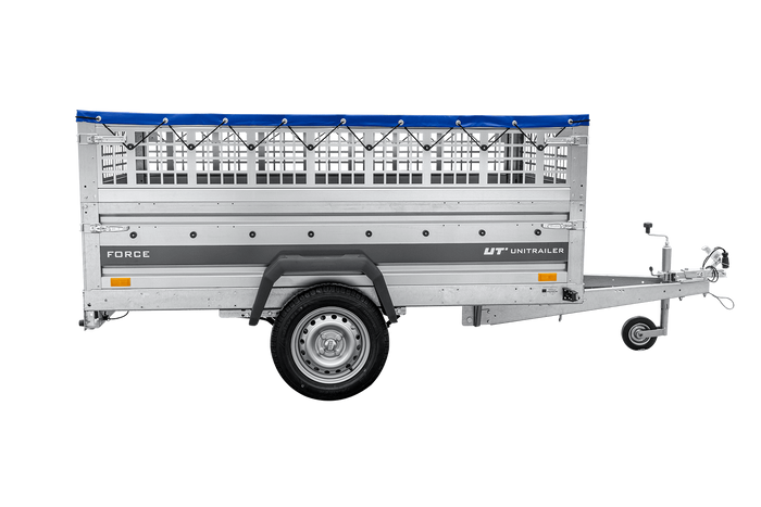 Leichter Anhänger auf Federn 230×125 UNITRAILER FORCE 230/R KIPP mit Gitterwänden, H-0-Rahmen und blauer Plane