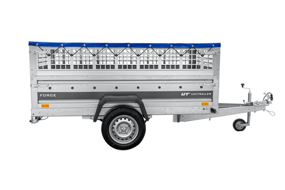Leichter Anhänger auf Federn 230×125 UNITRAILER FORCE 230/R KIPP mit Gitterwänden, H-0-Rahmen und blauer Plane