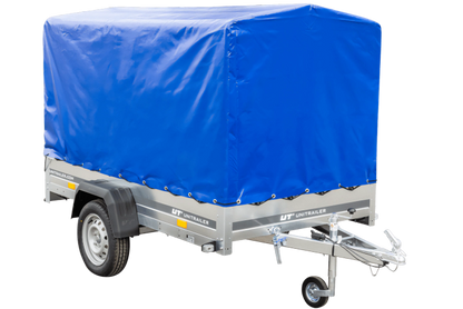 PKW-Anhänger auf Blattfedern 230×125 UNITRAILER GARDEN 230/R KIPP mit H-1100 Rahmen und blauer Plane