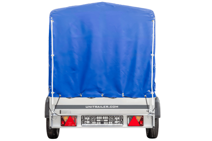 PKW-Anhänger auf Blattfedern 230×125 UNITRAILER GARDEN 230/R KIPP mit H-1100 Rahmen und blauer Plane