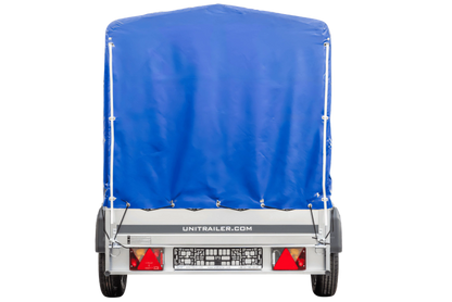 PKW-Anhänger auf Blattfedern 230×125 UNITRAILER GARDEN 230/R KIPP mit H-1100 Rahmen und blauer Plane
