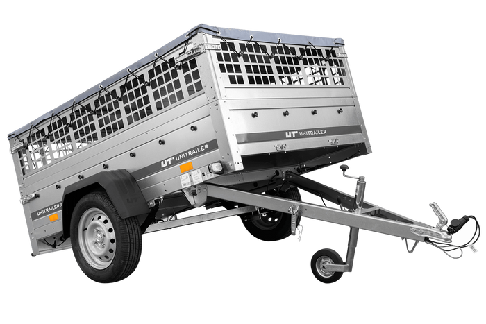 PKW-Anhänger auf Federn 200×125 UNITRAILER GARDEN 201/R KIPP mit Gitterwänden, H-0-Rahmen und grauer Plane