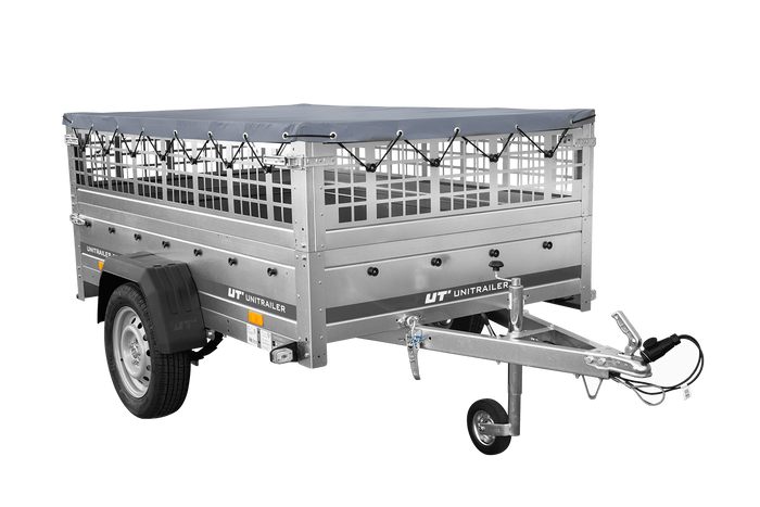 PKW-Anhänger auf Federn 200×125 UNITRAILER GARDEN 201/R KIPP mit Gitterwänden, H-0-Rahmen und grauer Plane