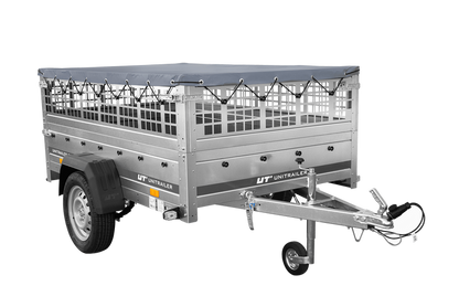 PKW-Anhänger auf Federn 200×125 UNITRAILER GARDEN 201/R KIPP mit Gitterwänden, H-0-Rahmen und grauer Plane