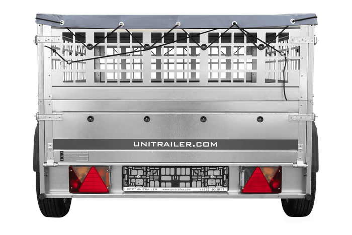 PKW-Anhänger auf Federn 200×125 UNITRAILER GARDEN 201/R KIPP mit Gitterwänden, H-0-Rahmen und grauer Plane