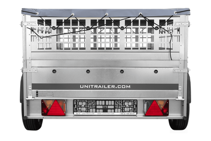 PKW-Anhänger auf Federn 200×125 UNITRAILER GARDEN 201/R KIPP mit Gitterwänden, H-0-Rahmen und grauer Plane