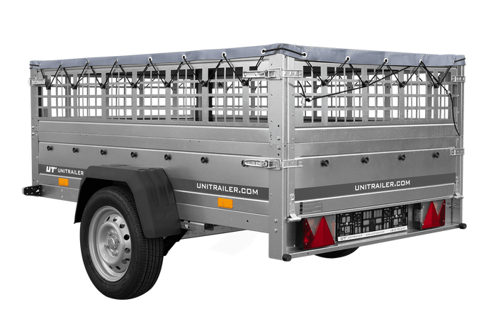 PKW-Anhänger auf Federn 200×125 UNITRAILER GARDEN 201/R KIPP mit Gitterwänden, H-0-Rahmen und grauer Plane