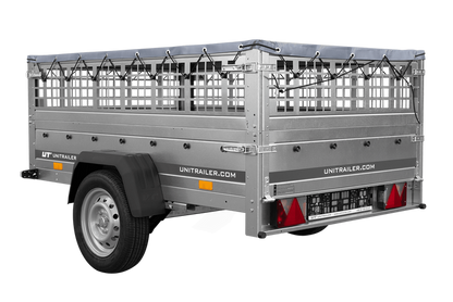 PKW-Anhänger auf Federn 200×125 UNITRAILER GARDEN 201/R KIPP mit Gitterwänden, H-0-Rahmen und grauer Plane