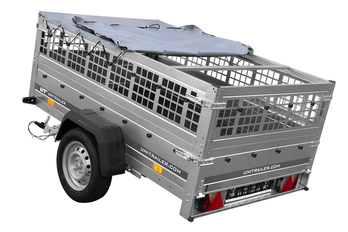 PKW-Anhänger auf Federn 200×125 UNITRAILER GARDEN 201/R KIPP mit Gitterwänden, H-0-Rahmen und grauer Plane