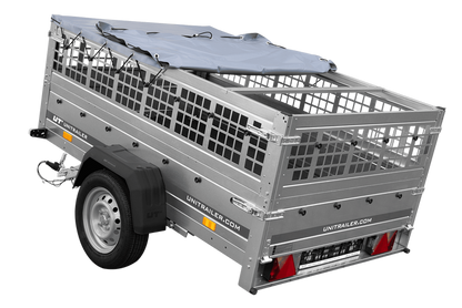 PKW-Anhänger auf Federn 200×125 UNITRAILER GARDEN 201/R KIPP mit Gitterwänden, H-0-Rahmen und grauer Plane