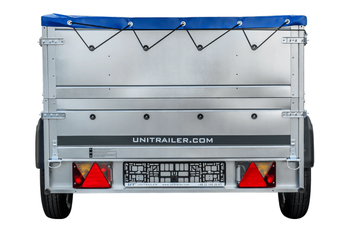PKW-Anhänger auf Federn 230×125 UNITRAILER GARDEN 230/R KIPP mit BIS-Bordwänden, H-0-Rahmen und blauer Plane