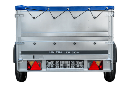PKW-Anhänger auf Federn 230×125 UNITRAILER GARDEN 230/R KIPP mit BIS-Bordwänden, H-0-Rahmen und blauer Plane