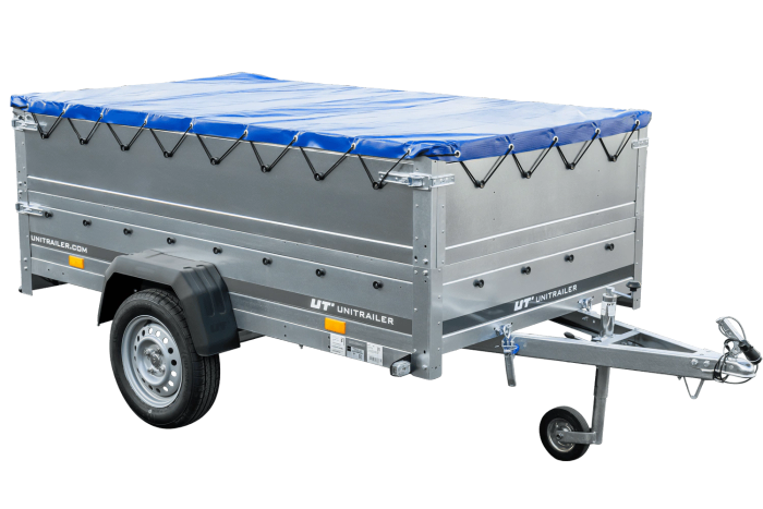 PKW-Anhänger auf Federn 230×125 UNITRAILER GARDEN 230/R KIPP mit BIS-Bordwänden, H-0-Rahmen und blauer Plane
