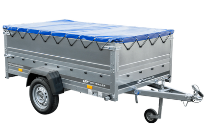 PKW-Anhänger auf Federn 230×125 UNITRAILER GARDEN 230/R KIPP mit BIS-Bordwänden, H-0-Rahmen und blauer Plane