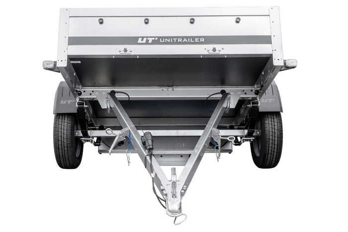 PKW-Anhänger auf Federn 230×125 UNITRAILER GARDEN 230/R KIPP mit BIS-Bordwänden, H-0-Rahmen und blauer Plane