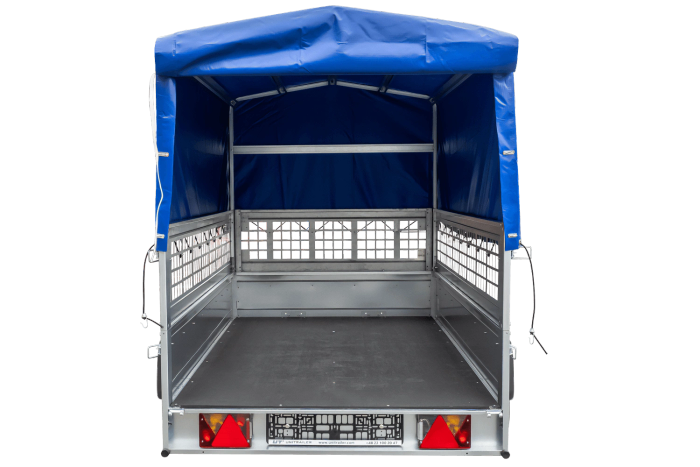 PKW-Anhänger auf Federn 230×125 UNITRAILER GARDEN 230/R KIPP mit Gitterwänden, H-800-Rahmen und blauer Plane