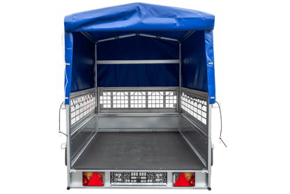 PKW-Anhänger auf Federn 230×125 UNITRAILER GARDEN 230/R KIPP mit Gitterwänden, H-800-Rahmen und blauer Plane