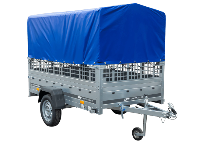 PKW-Anhänger auf Federn 230×125 UNITRAILER GARDEN 230/R KIPP mit Gitterwänden, H-800-Rahmen und blauer Plane