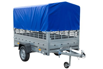 PKW-Anhänger auf Federn 230×125 UNITRAILER GARDEN 230/R KIPP mit Gitterwänden, H-800-Rahmen und blauer Plane