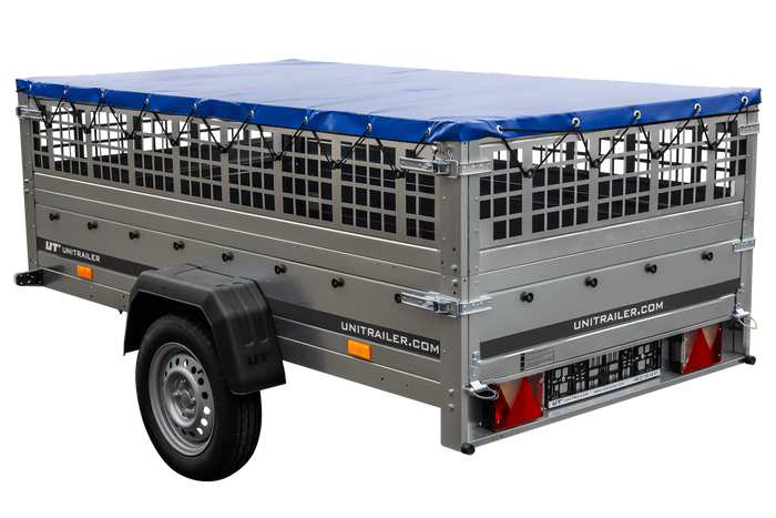 Pkw Transport Anhänger 230×125 Garden Trailer 230 KIPP mit Laubgitteraufsatz, blauer Flachplane und Stützrad