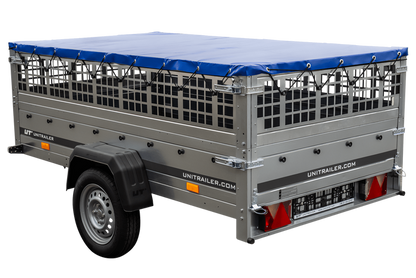 Pkw Transport Anhänger 230×125 Garden Trailer 230 KIPP mit Laubgitteraufsatz, blauer Flachplane und Stützrad