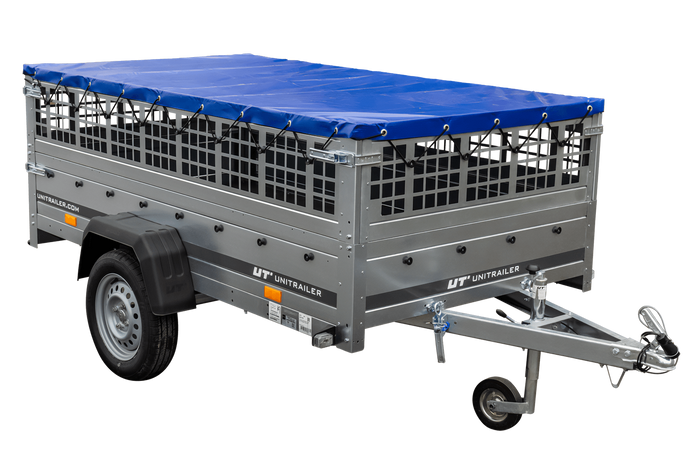 Pkw Transport Anhänger 230×125 Garden Trailer 230 KIPP mit Laubgitteraufsatz, blauer Flachplane und Stützrad