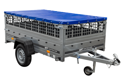 Pkw Transport Anhänger 230×125 Garden Trailer 230 KIPP mit Laubgitteraufsatz, blauer Flachplane und Stützrad