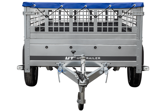 Pkw Transport Anhänger 230×125 Garden Trailer 230 KIPP mit Laubgitteraufsatz, blauer Flachplane und Stützrad