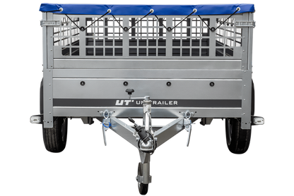 Pkw Transport Anhänger 230×125 Garden Trailer 230 KIPP mit Laubgitteraufsatz, blauer Flachplane und Stützrad