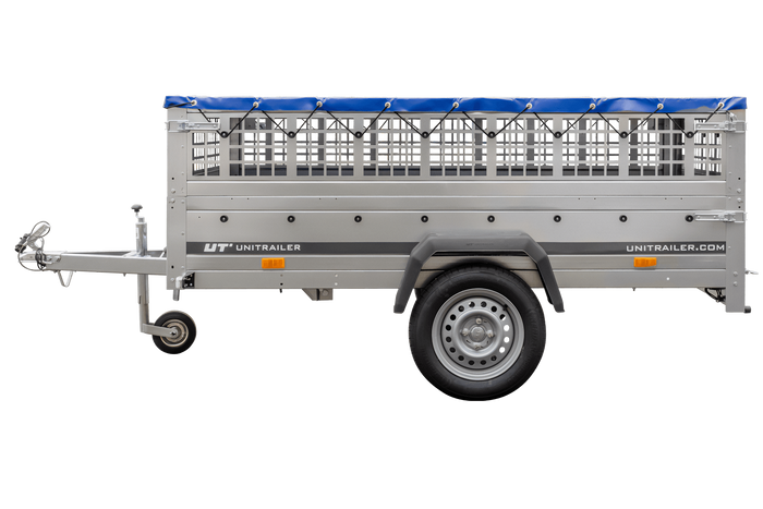 Pkw Transport Anhänger 230×125 Garden Trailer 230 KIPP mit Laubgitteraufsatz, blauer Flachplane und Stützrad