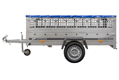 Pkw Transport Anhänger 230×125 Garden Trailer 230 KIPP mit Laubgitteraufsatz, blauer Flachplane und Stützrad