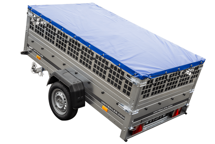 Pkw Transport Anhänger 230×125 Garden Trailer 230 KIPP mit Laubgitteraufsatz, blauer Flachplane und Stützrad