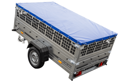 Pkw Transport Anhänger 230×125 Garden Trailer 230 KIPP mit Laubgitteraufsatz, blauer Flachplane und Stützrad