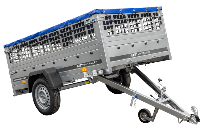 Pkw Transport Anhänger 230×125 Garden Trailer 230 KIPP mit Laubgitteraufsatz, blauer Flachplane und Stützrad