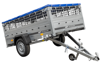 Pkw Transport Anhänger 230×125 Garden Trailer 230 KIPP mit Laubgitteraufsatz, blauer Flachplane und Stützrad